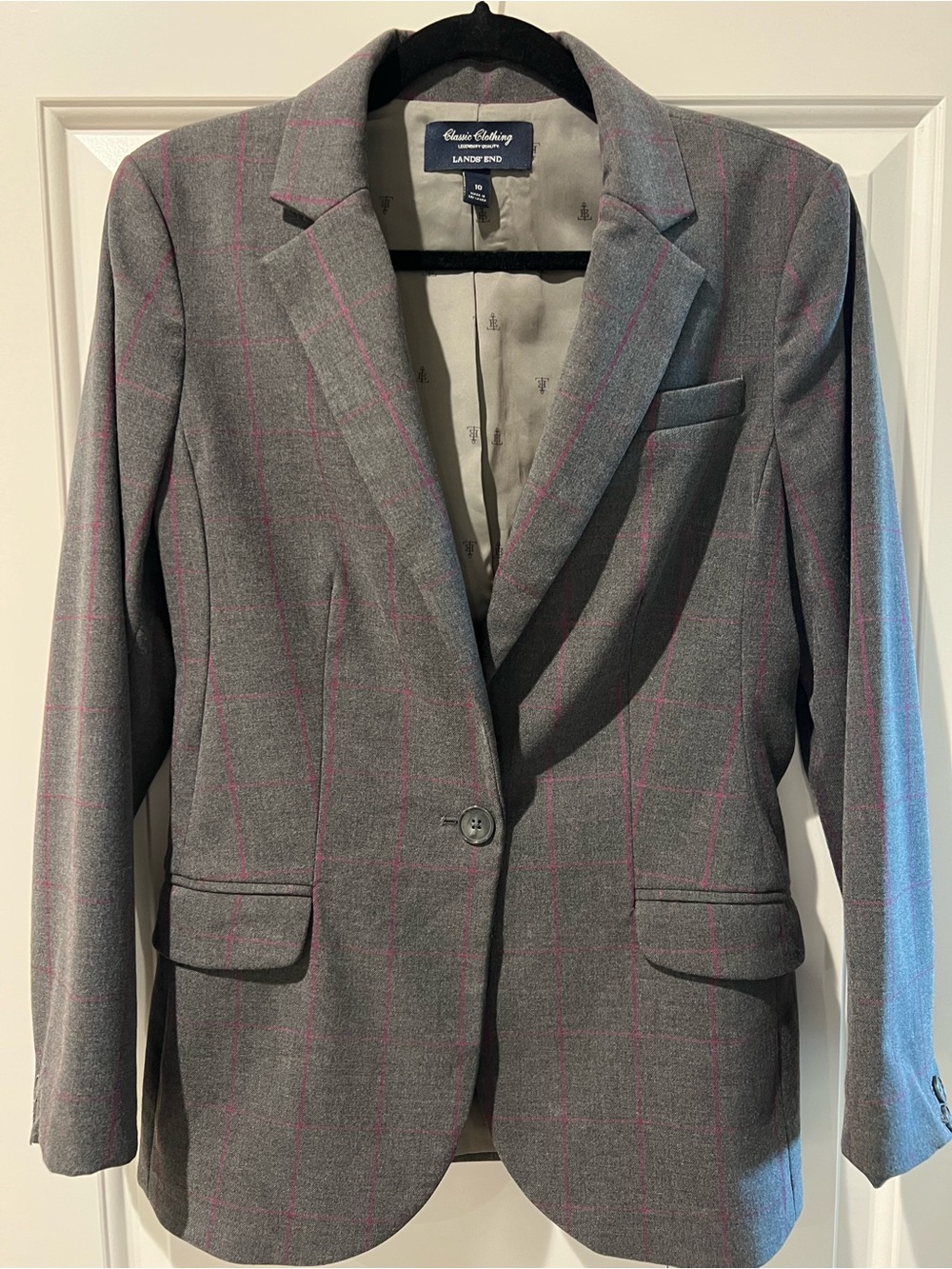 Lands' End Gray Blazer with Pink Windowpane